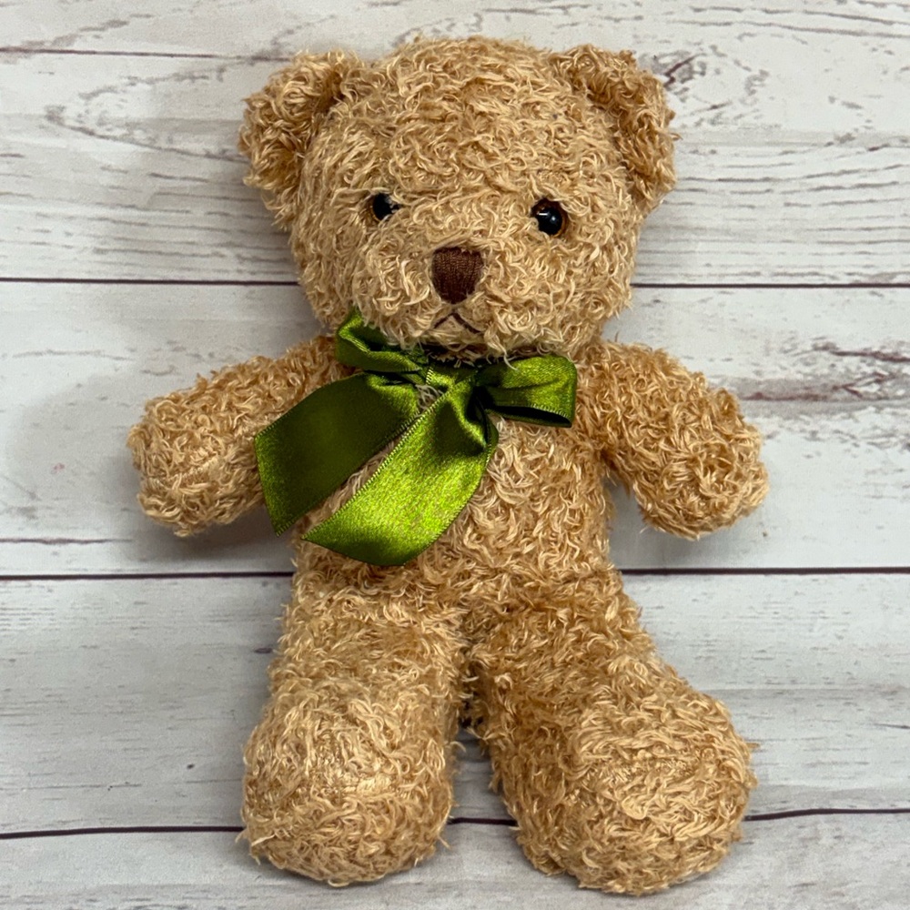 Fluffuns Pluffins Cody Bear Caramel Tan Teddy Bear Green Bow Stuffed Animal 9.5"
